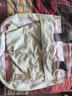 Roxy Olive Canvas Tote with Striped Trim and Brown Strap Accents